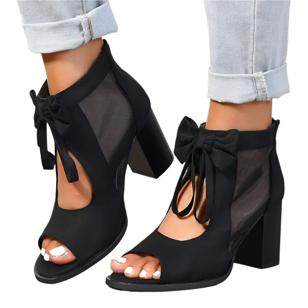 Sandales à Talons Carrés Épais pour Femmes, Décoration Nœud, Bout Ouvert, Bride Cheville Épaisse