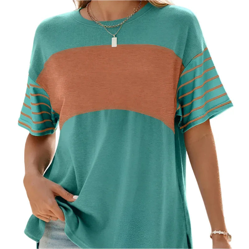 T-shirt décontracté ras-du-cou à manches courtes rayé contrasté pour femme