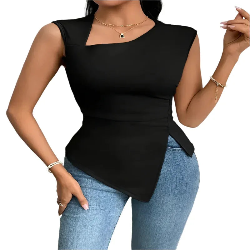 T-shirt asymétrique pour femme, col diagonal, sans manches