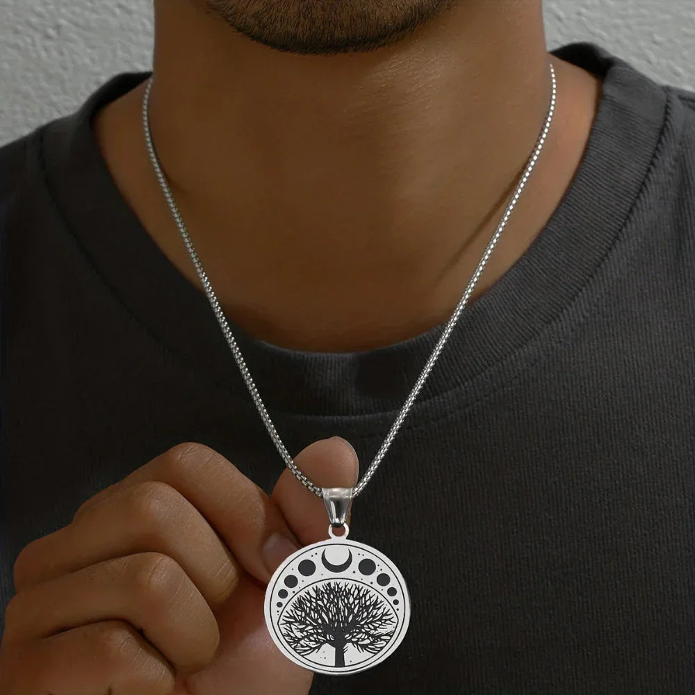 Collier pendentif Arbre de Vie rond en acier inoxydable pour hommes