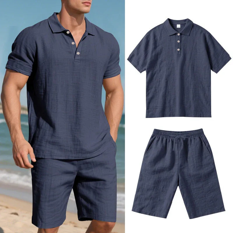Ensemble de vêtements d'été décontracté en lin ample et respirant pour hommes, comprenant une chemise à manches courtes et un short