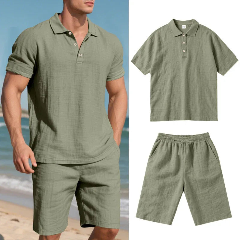 Ensemble de vêtements d'été décontracté en lin ample et respirant pour hommes, comprenant une chemise à manches courtes et un short