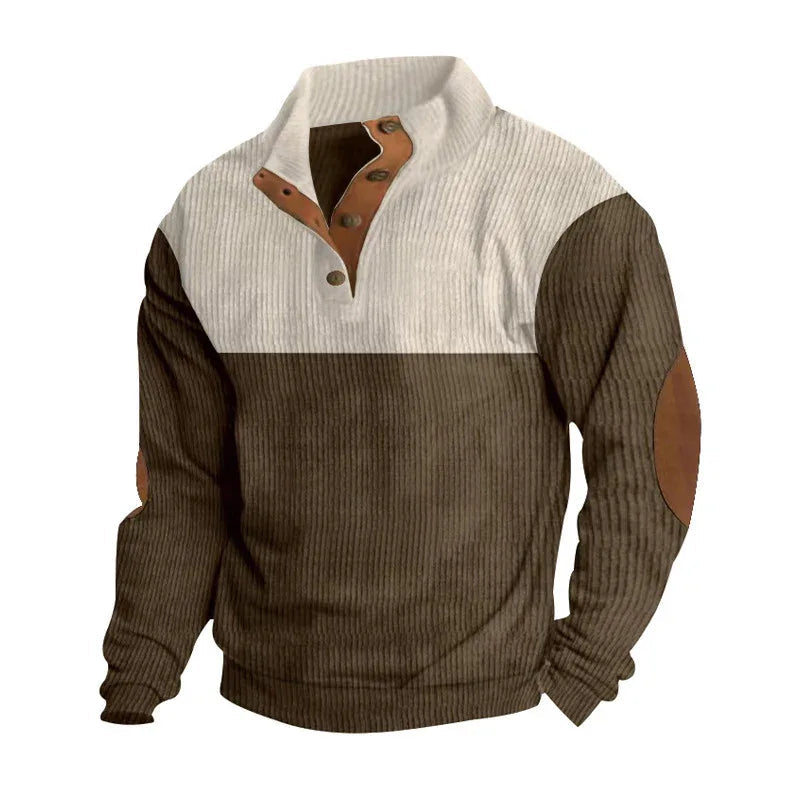 Pull homme décontracté avec col montant, demi-boutonné, motif color block