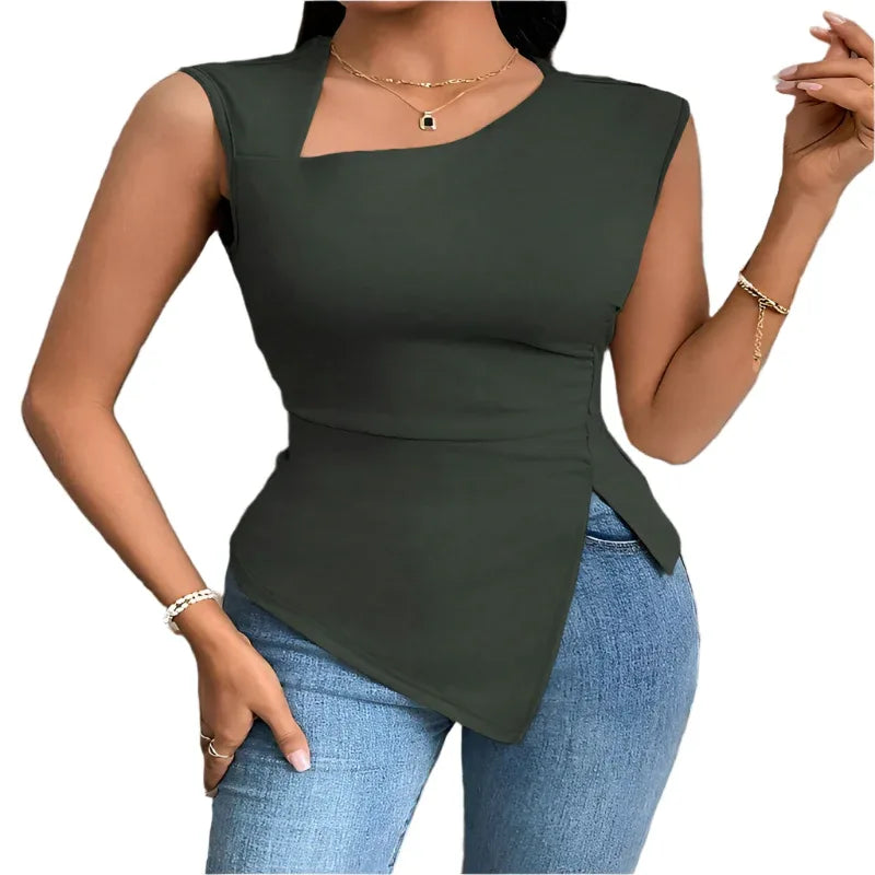T-shirt asymétrique pour femme, col diagonal, sans manches