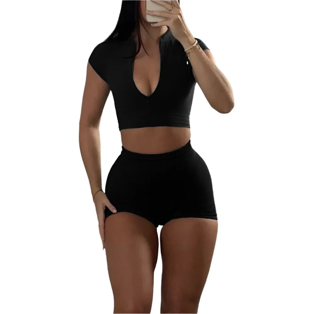 Ensemble de survêtement deux pièces pour femme, haut court à fermeture éclair et short, pour le sport et l'entraînement en salle de gym