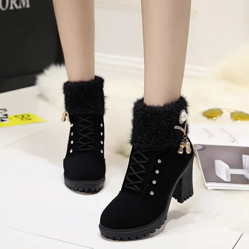 Bottes Martin à lacets et strass à talon épais pour femme
