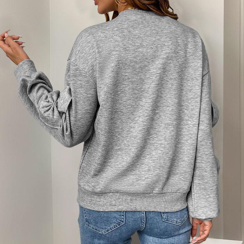 Pull gris décontracté à col rond pour femme avec nœud papillon brodé