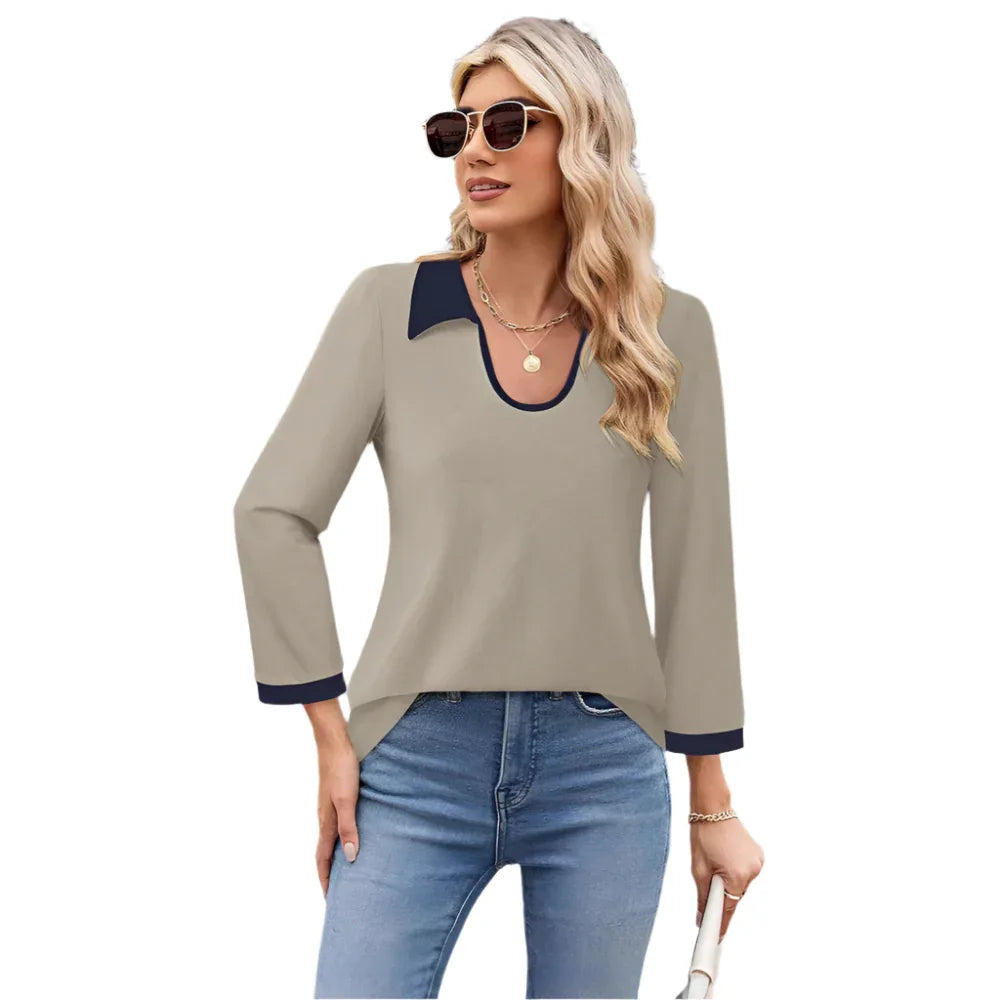 Haut à manches longues et col à revers de couleur contrastée pour femme