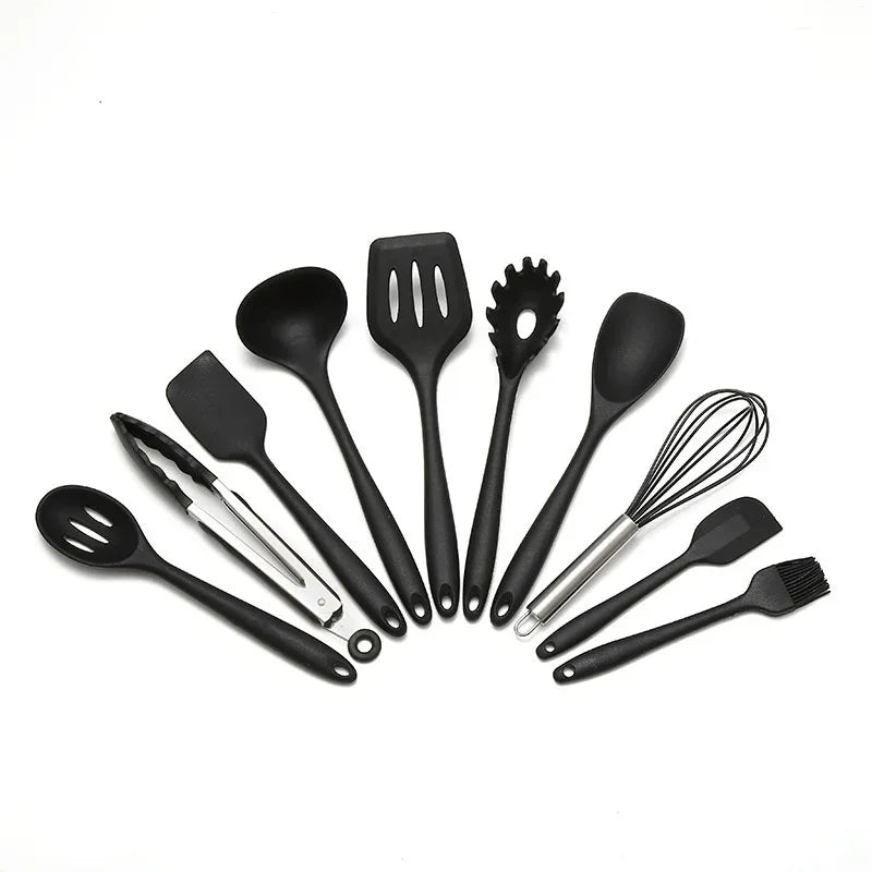 Ustensiles de cuisine noirs en silicone antiadhésif, 10 pièces