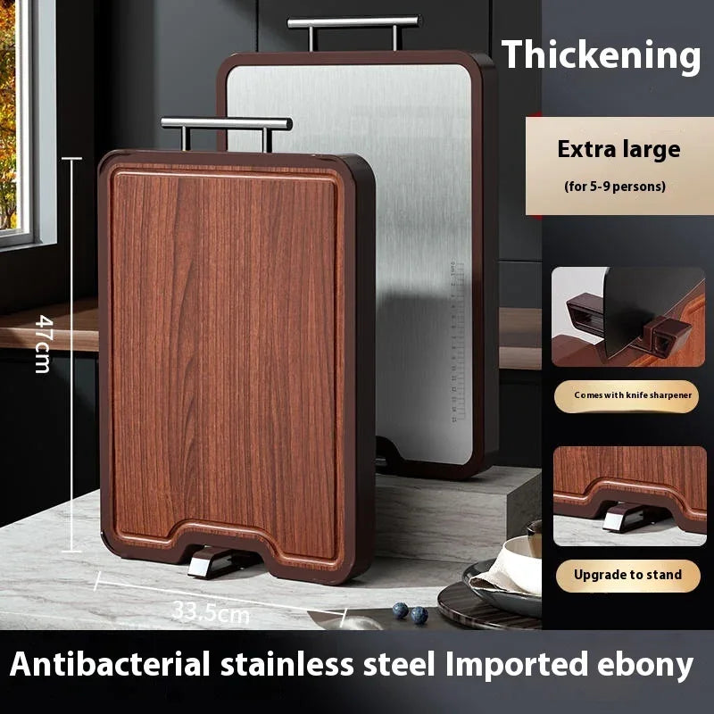 Planche à découper antibactérienne et anti-moisissure double face en acier inoxydable et bois d'ébène