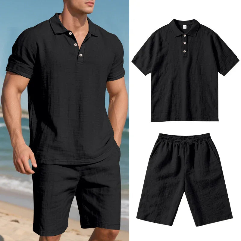 Ensemble de vêtements d'été décontracté en lin ample et respirant pour hommes, comprenant une chemise à manches courtes et un short