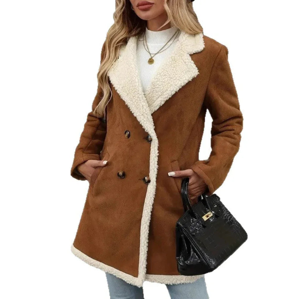 Manteau décontracté mi-long en laine polaire et daim chaud pour femme