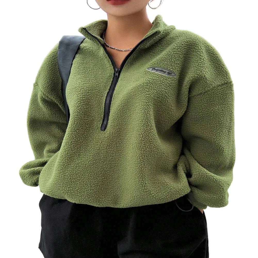 Sweat-shirt polaire à demi-fermeture éclair, épaules tombantes et détails rapiécés, hauts à manches longues pour femmes