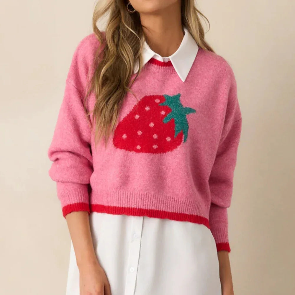 Haut pull en maille à manches longues court décontracté fraise pour femme de style européen et américain