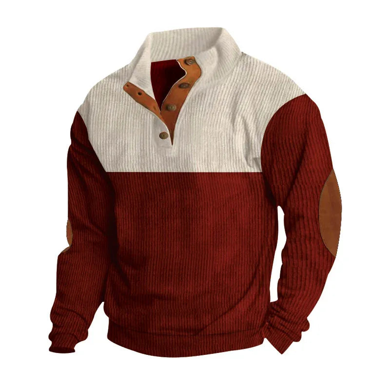 Pull homme décontracté avec col montant, demi-boutonné, motif color block