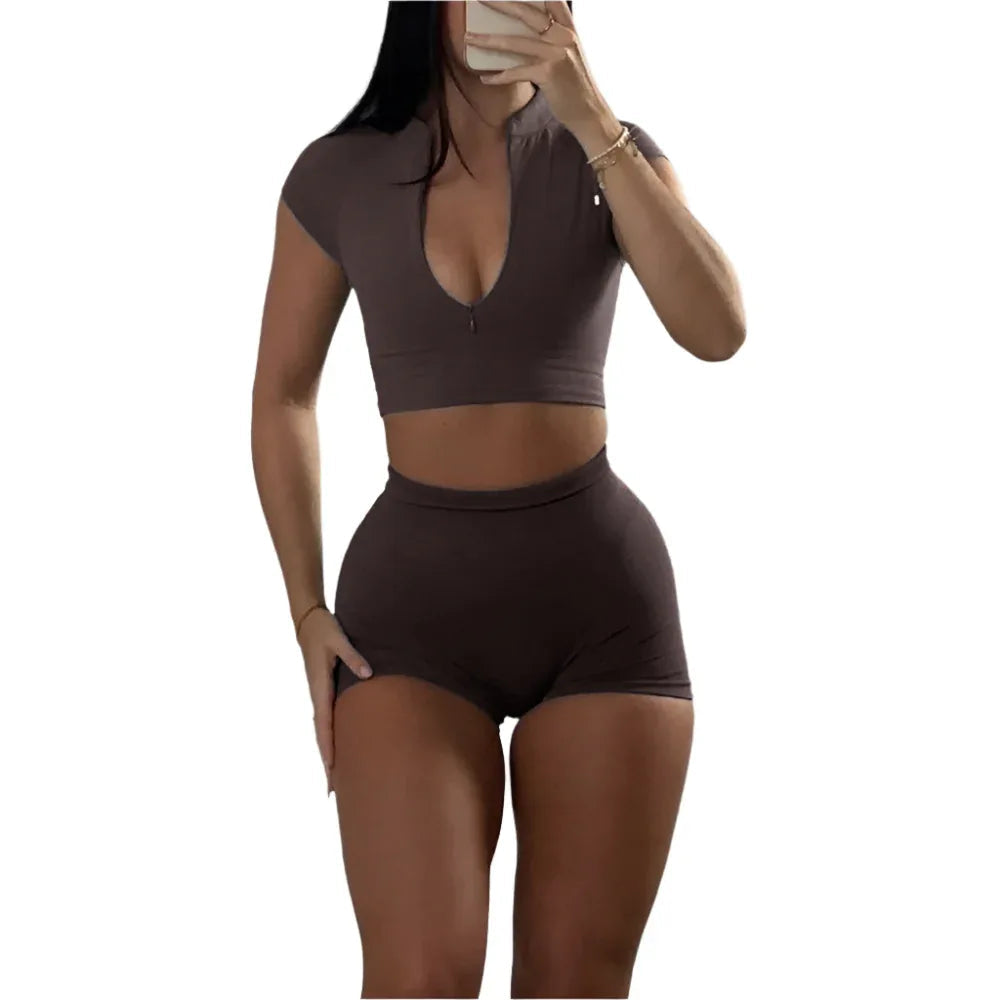 Ensemble de survêtement deux pièces pour femme, haut court à fermeture éclair et short, pour le sport et l'entraînement en salle de gym