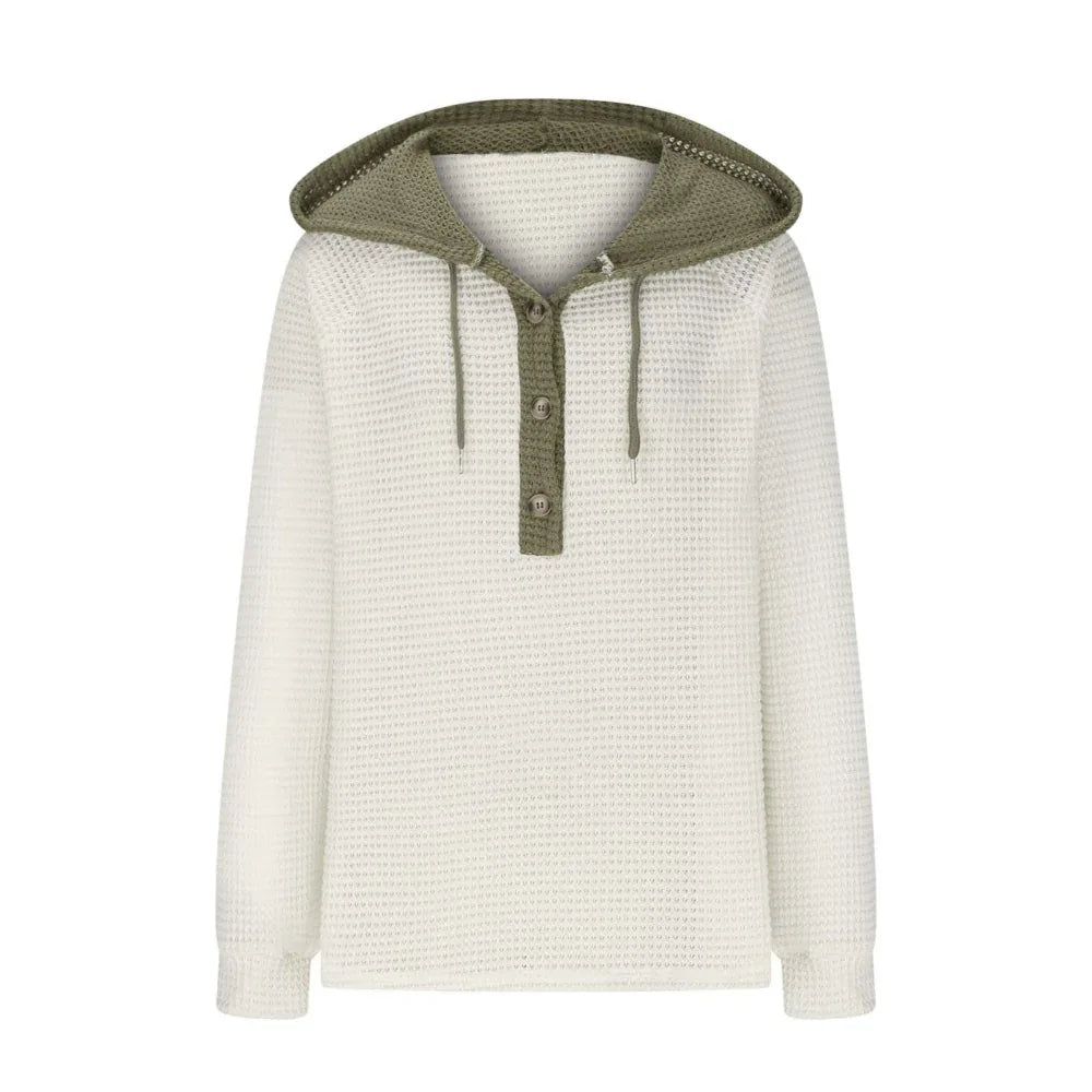 Pull-over à capuche ample en tissu gaufré uni pour femme, manches longues