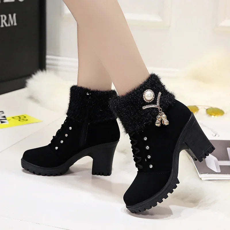 Bottes Martin à lacets et strass à talon épais pour femme