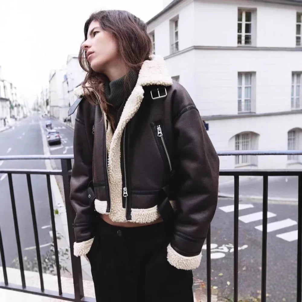 Vestes décontractées pour femmes en fourrure intégrée à revers épais et chauds double face
