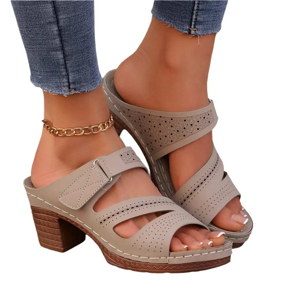 Sandales d'été à talon carré et bout ouvert pour femmes Chaussures décontractées de couleur unie