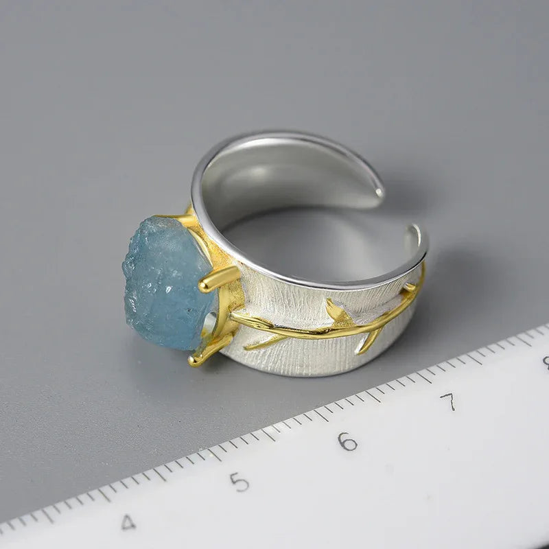 Bague longue feuille en argent S925 avec pierres précieuses pour femme