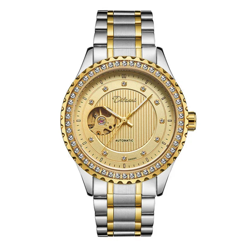 Montre mécanique pour homme à double cadran ajouré, incrustée de diamants, haut de gamme