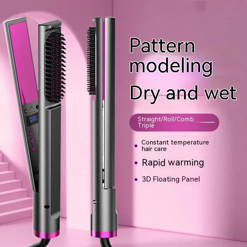Peigne lisseur multifonctionnel trois-en-un, à rouleaux, à usage double, pour cheveux secs et humides