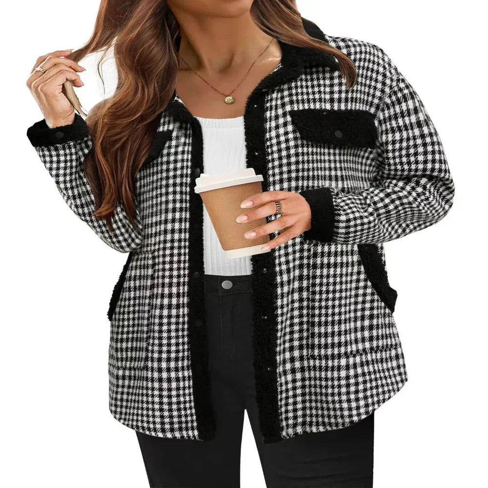 Veste en plaid contrastant pour femme, col polo décontracté, manteau en velours