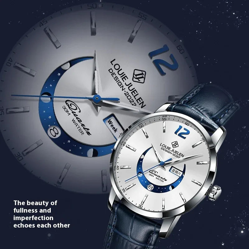 Leuchtende Wasserdichte Armbanduhr Herren Mode Echtes Lederarmband Quarzuhr