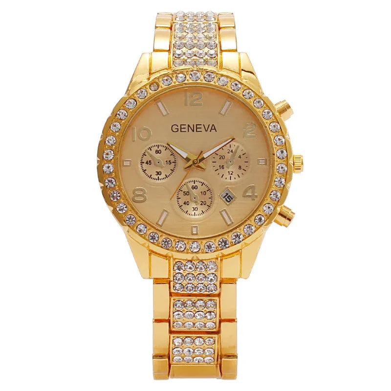 Montre à quartz pour femme à trois yeux avec calendrier numérique et diamants