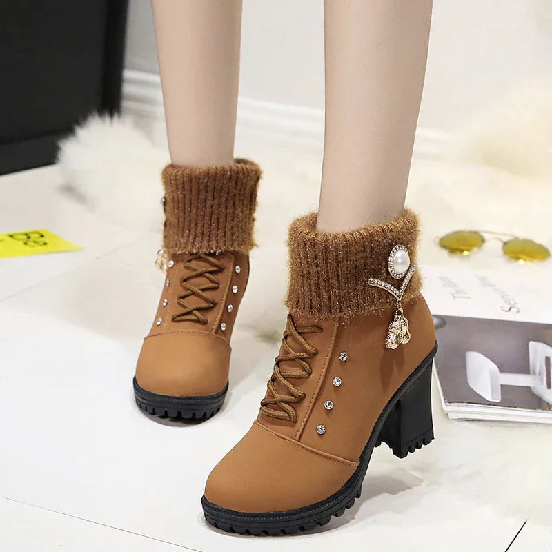 Bottes Martin à lacets et strass à talon épais pour femme