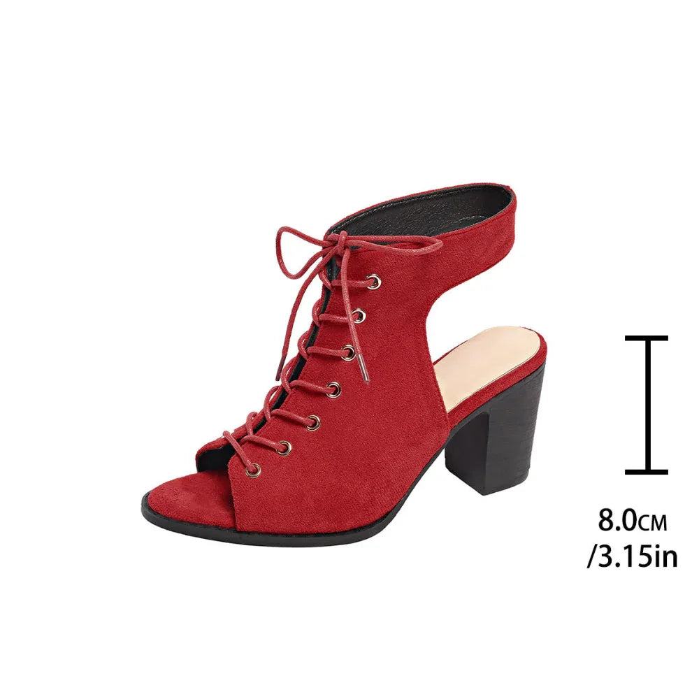 Sandales à talon épais avec lacets, style estival, chaussures à bout ouvert pour femmes