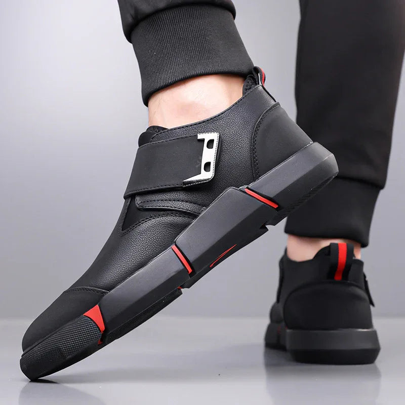 Chaussures basses décontractées en cuir pour hommes, confortables, à enfiler, avec velcro, antidérapantes, à talon plat et absorption des chocs