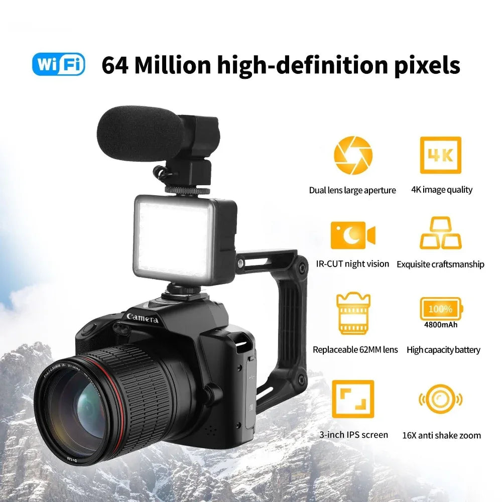 Appareil photo numérique Wifi avec écran HD 64 mégapixels D5, vision nocturne 4K