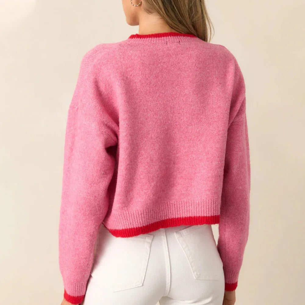 Haut pull en maille à manches longues court décontracté fraise pour femme de style européen et américain