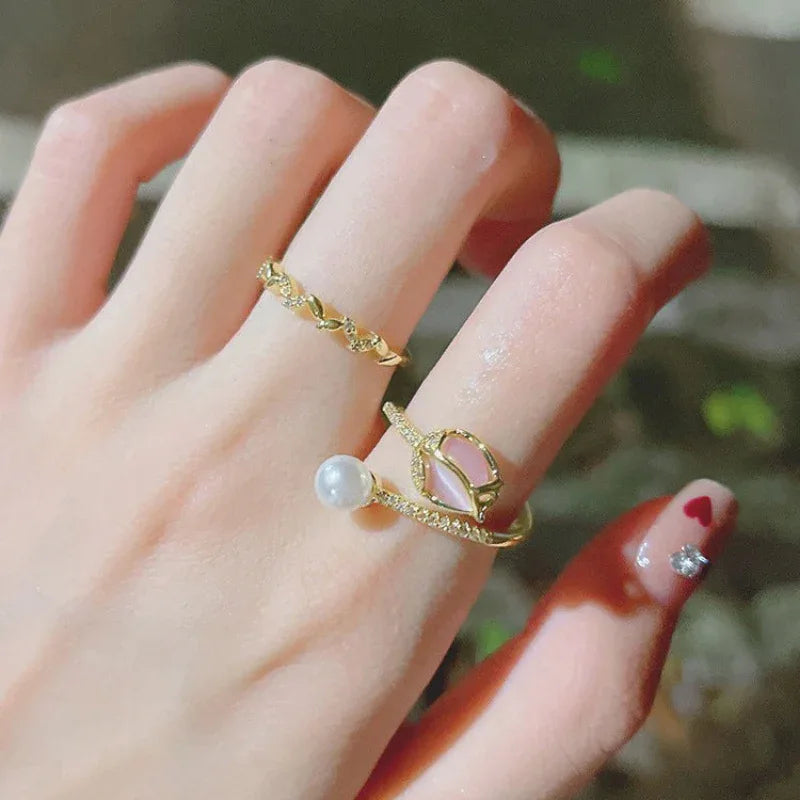 Bague réglable Perle et Bouton de Tulipe pour Femme