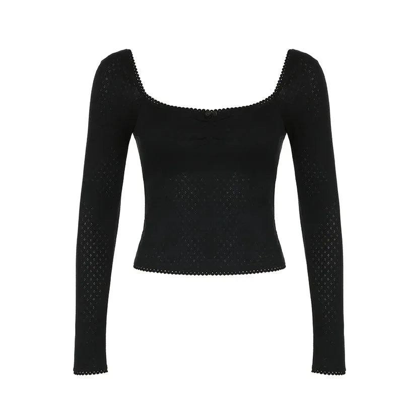 Französisches Pure Desire Quadratischer Kragen Spitze Schleife Langarm-Top für Damen