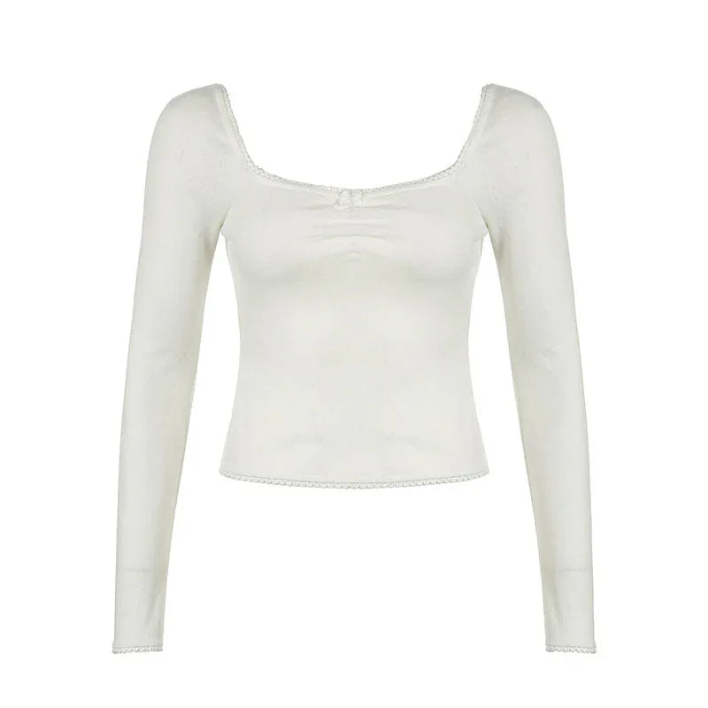 Französisches Pure Desire Quadratischer Kragen Spitze Schleife Langarm-Top für Damen