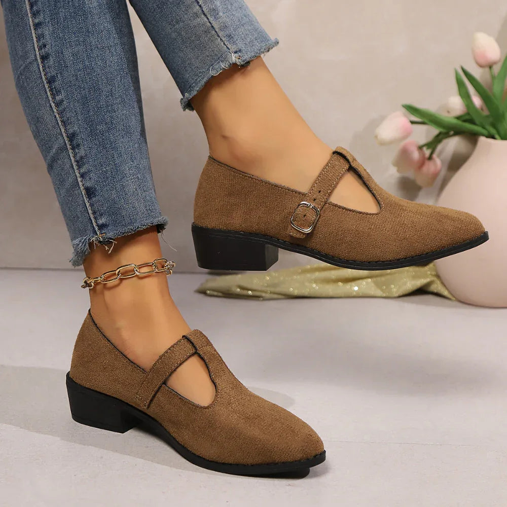 Chaussures à Boucle pour Femmes à Bout Pointu et Coupe Basse Style Britannique