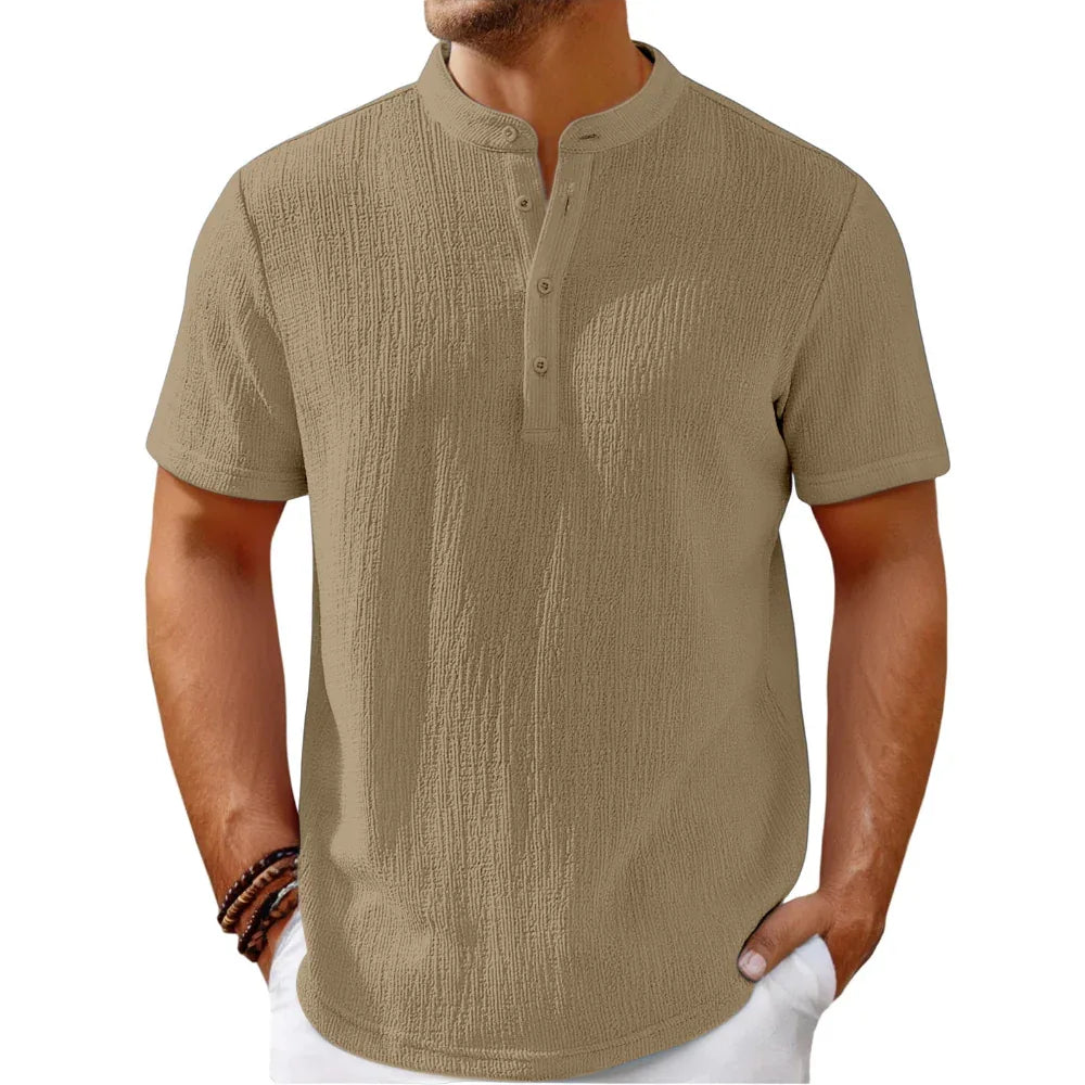 Herren Retro Hemd aus Baumwolle und Leinen, gestreift, lässig, locker, Henley-Shirt