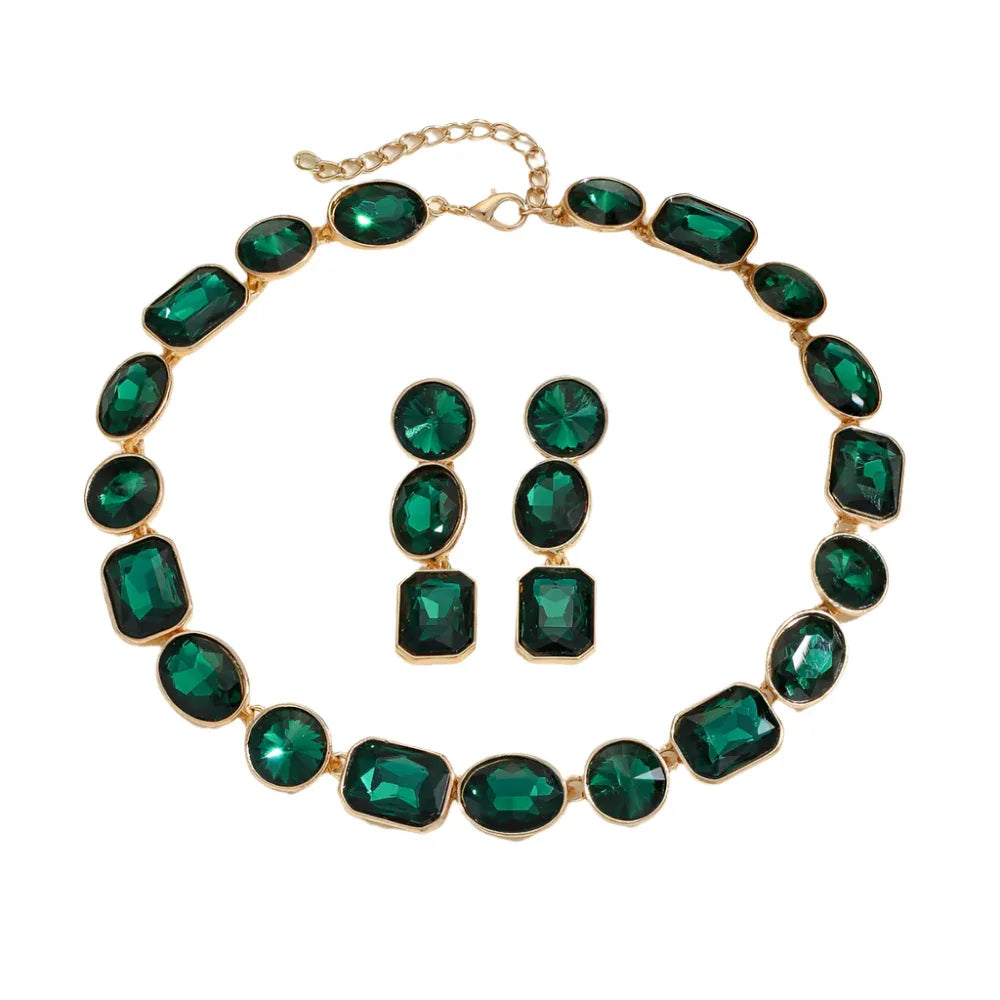 Collier et boucles d'oreilles de luxe de style antique avec gemmes colorées en cristal brillant pour femmes