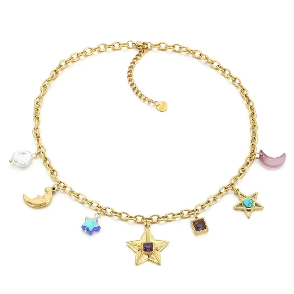 Collier Femme en Acier Inoxydable avec Perles en Verre Artificiel Colorées Étoiles et Lunes Tendance