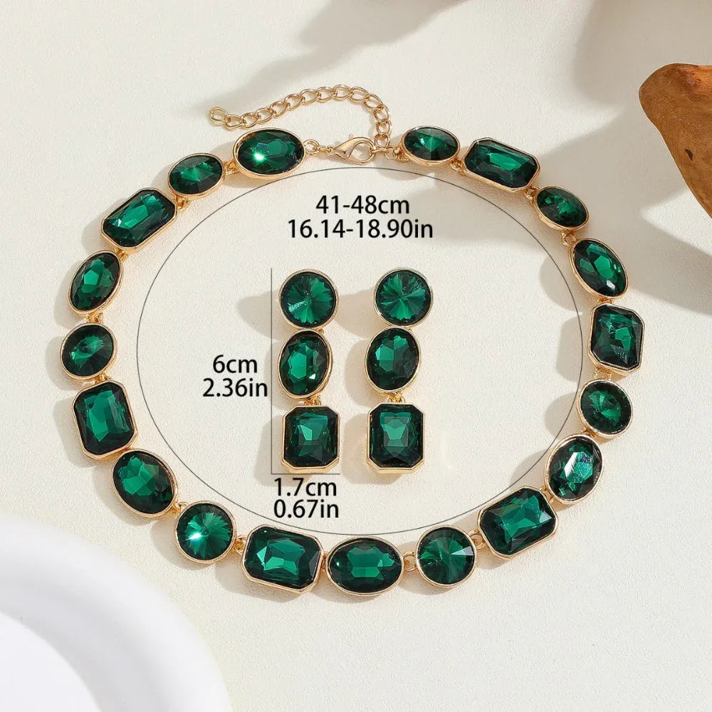 Collier et boucles d'oreilles de luxe de style antique avec gemmes colorées en cristal brillant pour femmes