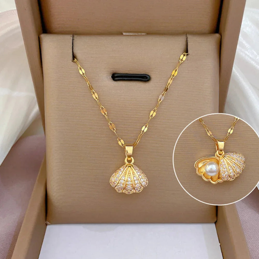 Collier coquillage perles avec strass zircon pour femme, bijou de personnalité à la mode