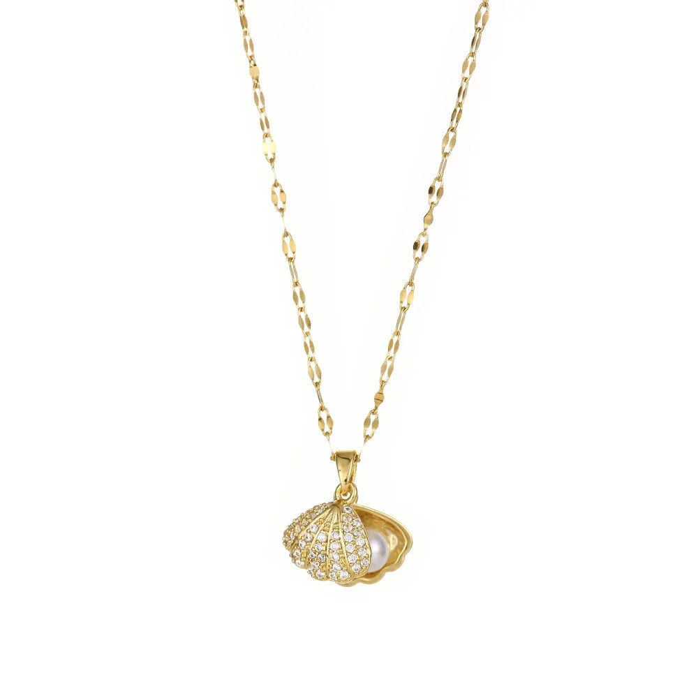 Collier coquillage perles avec strass zircon pour femme, bijou de personnalité à la mode