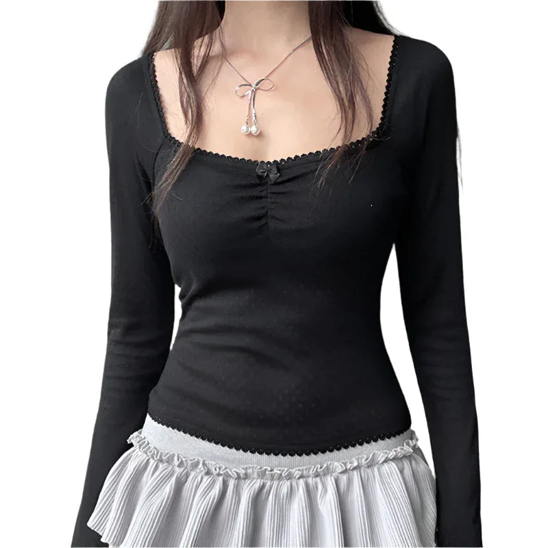 Französisches Pure Desire Quadratischer Kragen Spitze Schleife Langarm-Top für Damen