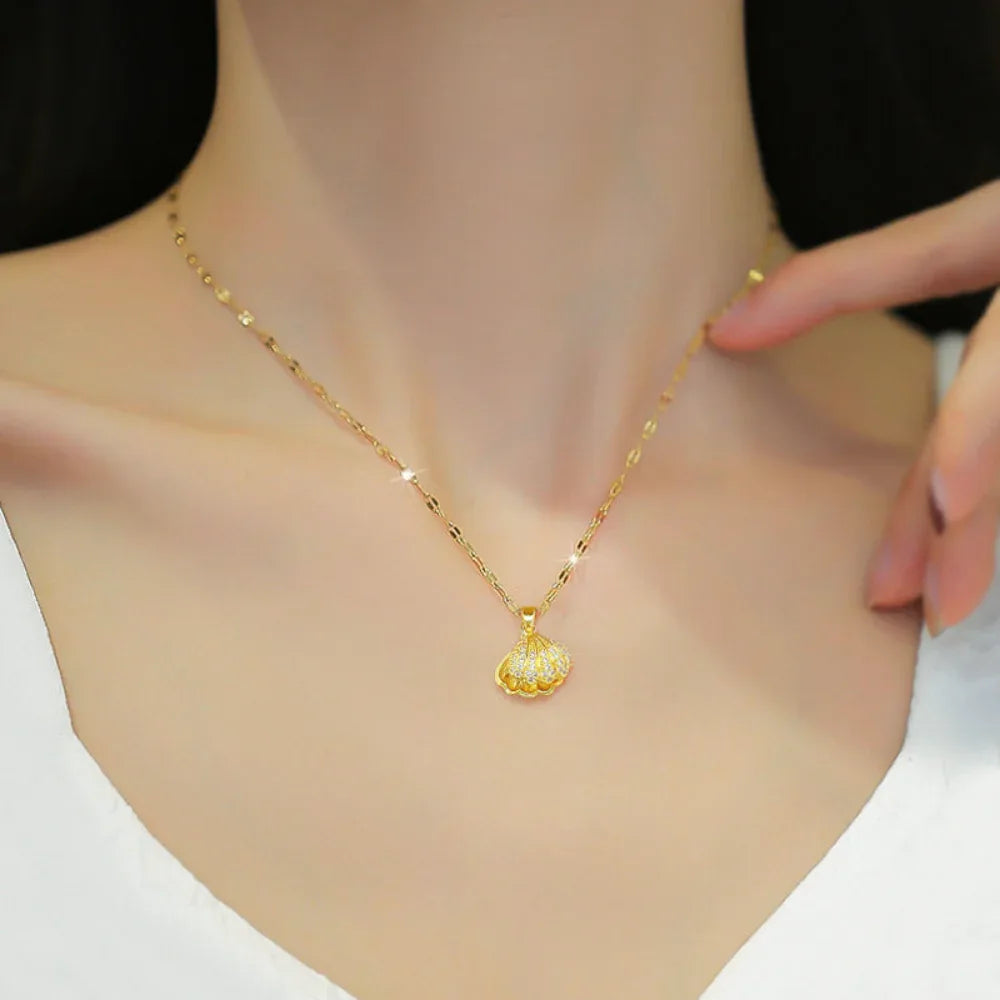 Collier coquillage perles avec strass zircon pour femme, bijou de personnalité à la mode