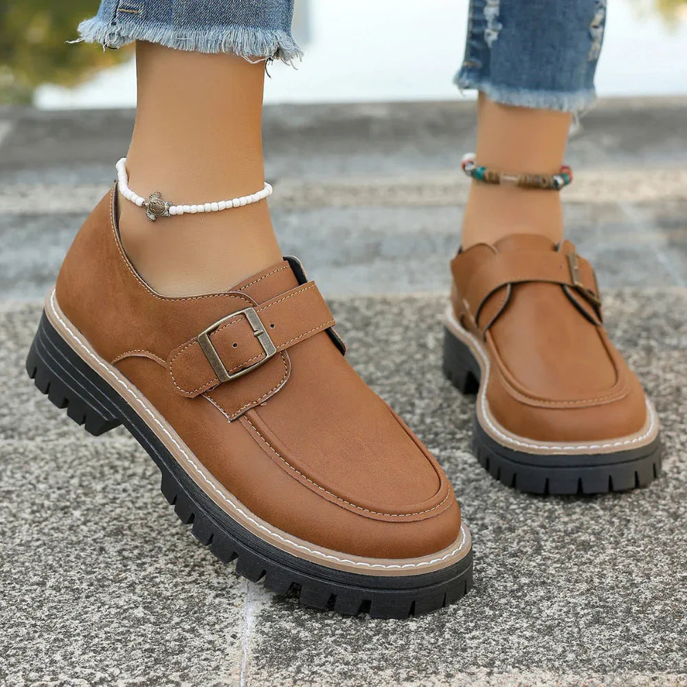 Mocassins à Boucle Tendance pour Femme Style Britannique Chaussures Décontractées à Semelle Épaisse Rehaussant la Taille
