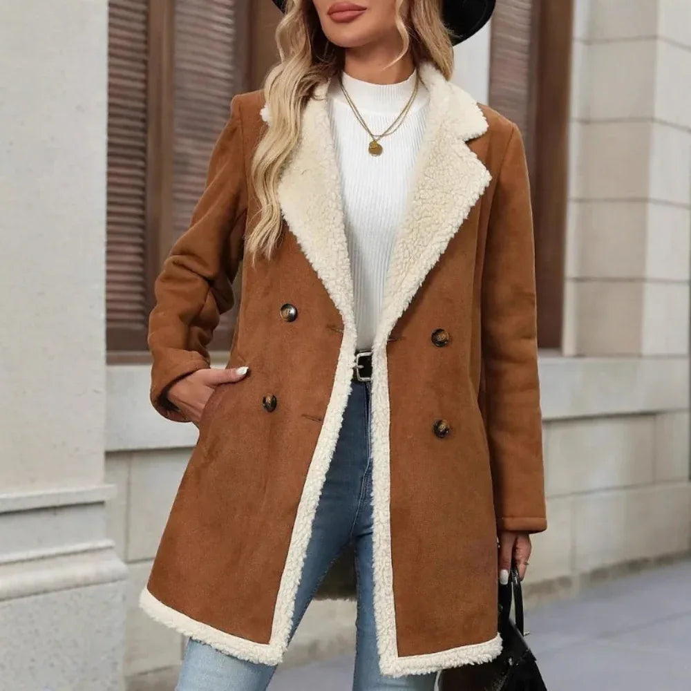 Manteau décontracté mi-long en laine polaire et daim chaud pour femme