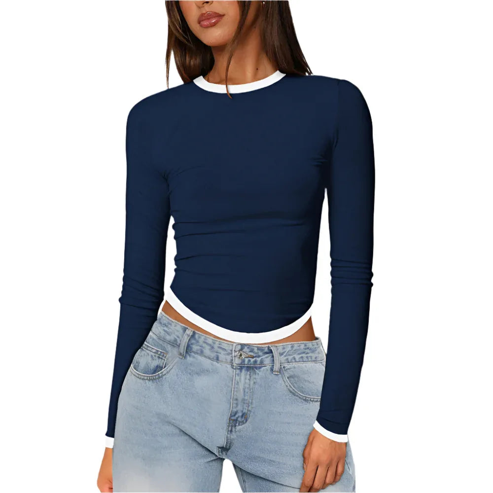 Damen Langarm Rundhals Enganliegend Kontrastfarben Kurzer Pullover Top T-Shirt
